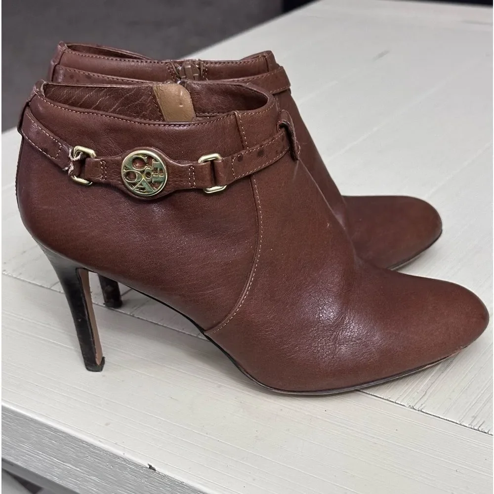 Coach Salene high heel ankle booties brown tan leather ginger 3.5 heel Size 8